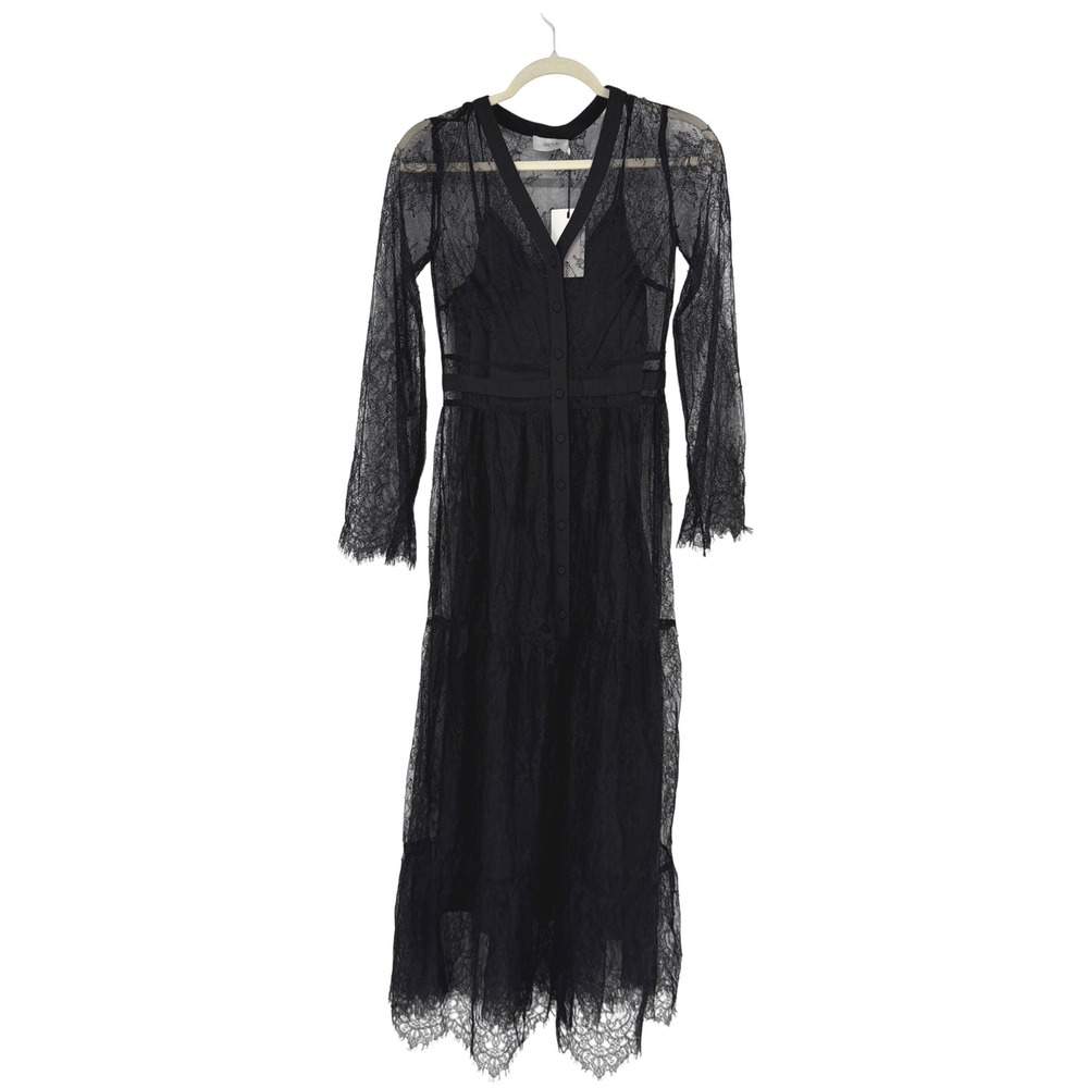 NWT Greylin Emma Black Sheer Lace Button Front Tiered Maxi Dress XS Gothic